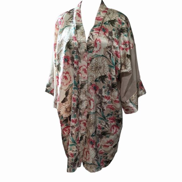 Vintage Floral Jacquard Satin Kimono Robe, Size Large - Picture 1 of 9